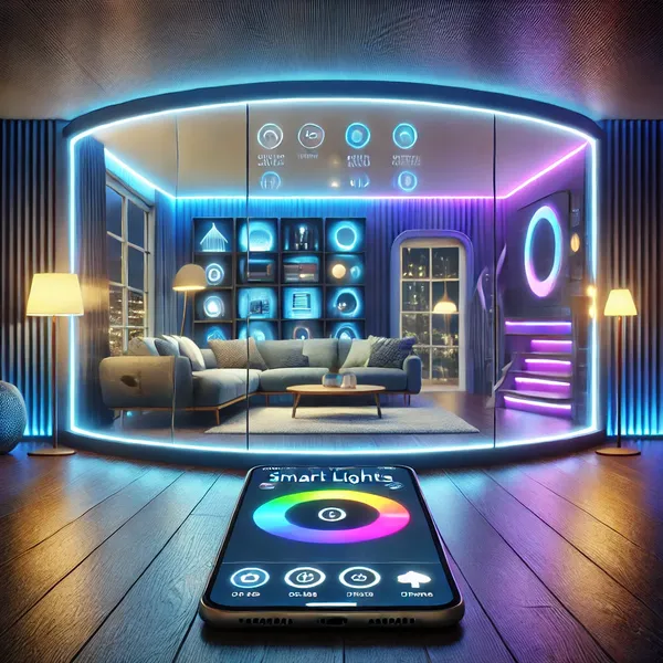 1. Modern Home Automation Ideas A futuristic home with vibrant smart lighting 1. Modern Home Automation Ideas A futuristic home with vibrant smart lighting