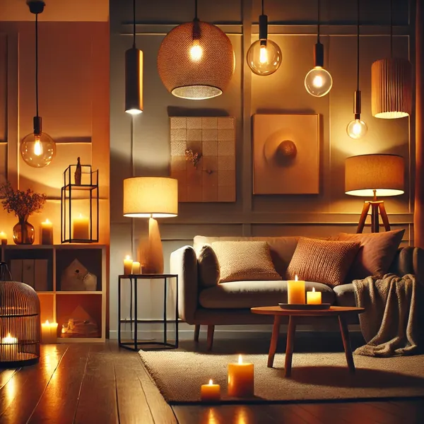 4. A cozy modern interior with warm, ambient lighting including pendant lights, table lamps, and floor lamps 4. A cozy modern interior with warm, ambient lighting including pendant lights, table lamps, and floor lamps