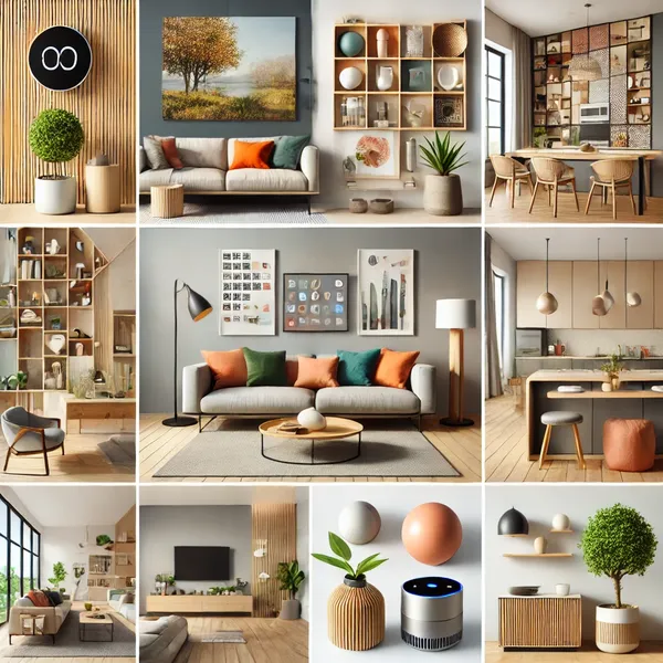 Modern home accessories with sleek furniture, colorful throw pillows, and minimalist decor